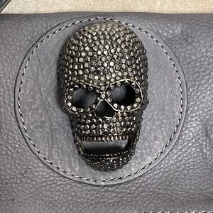 Thomas Wylde Gray Lambskin Leather Fold Over Clutch Bag Crystal Skull Grunge